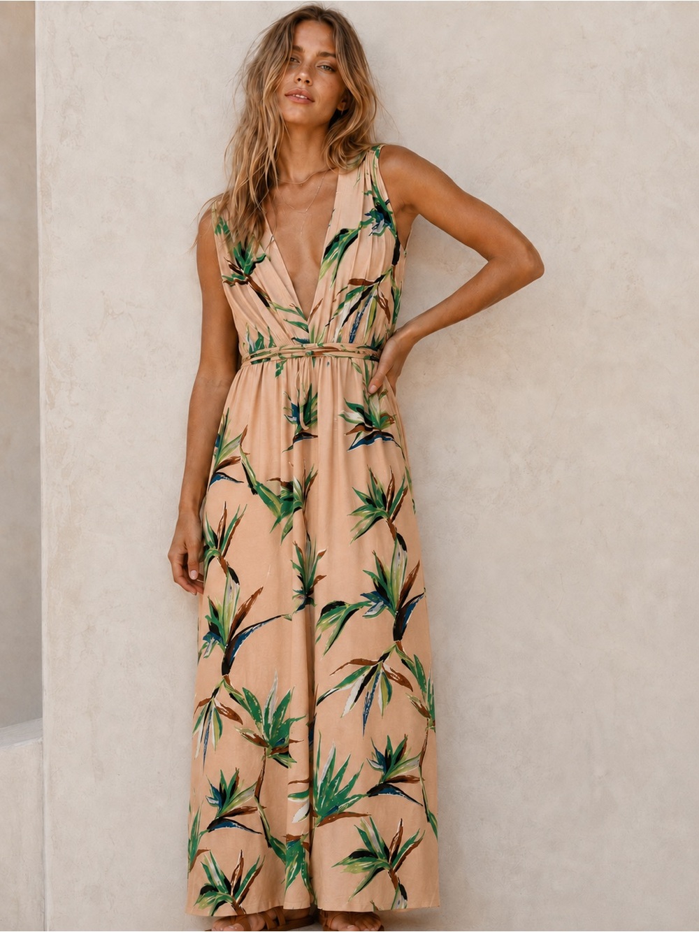 Rachel Pally Tropical Print Deep V Tie Waist Maxi Dress NWOT Medium